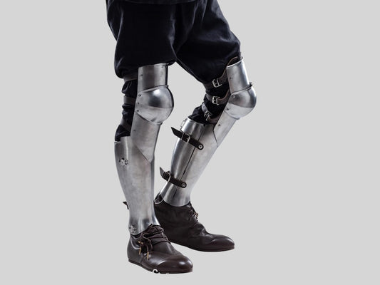 Front view of Medieval Knight Armor Leg Greaves with Knee Caps for cosplay and LARP