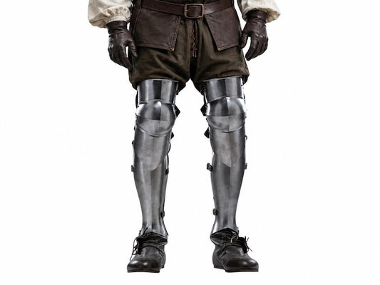 Medieval Knight Armor Leg Greaves with Knee Caps in polished steel finish for LARP cosplay and historical reenactment wear