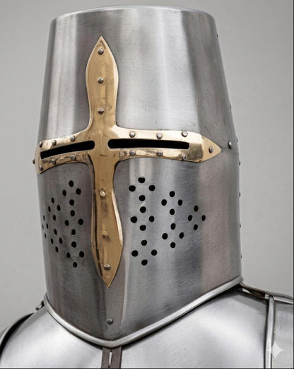 Medieval knight armor replica rear view showing complete steel back armor and adjustable leather fittings