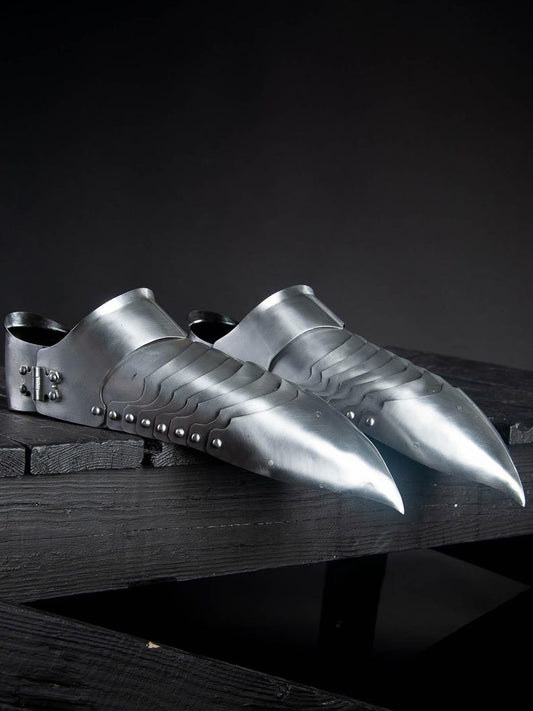 Front view of Medieval Knight Armor Steel Sabatons with gothic detailing