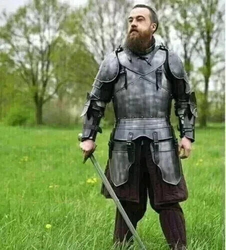 Front view of wearable black medieval knight half body armor suit made from 18 gauge steel, ideal for cosplay, LARP, and Halloween by Artisans Hub.

