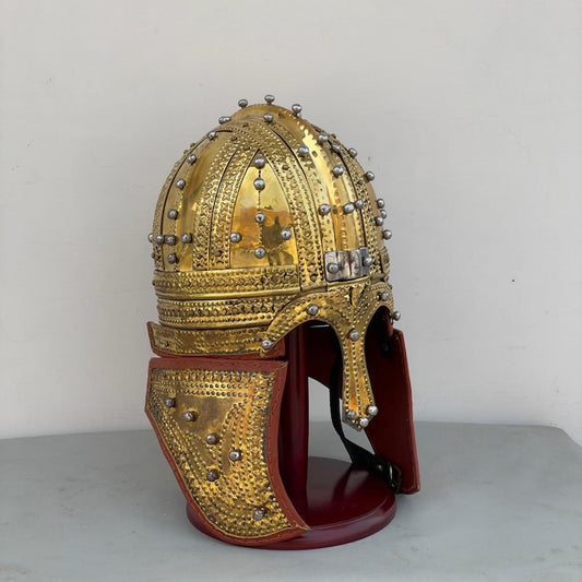 Front view of Medieval Knight Brass Roman Deurne-Inspired Cavalry Helmet showcasing authentic brass craftsmanship.