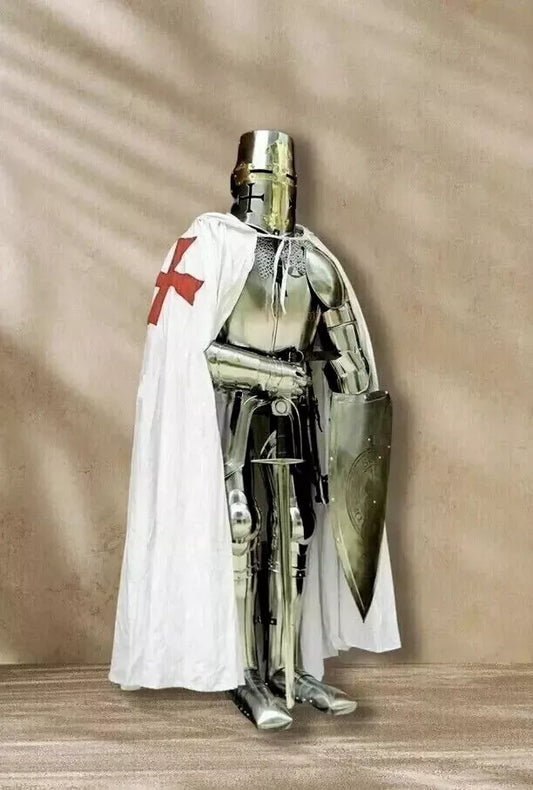 Full front view of wearable Crusader knight full body armor suit with helmet and shield on display stand.