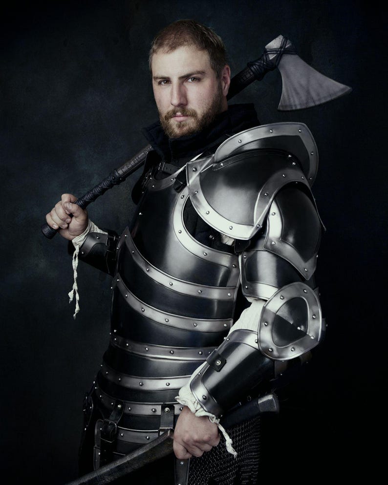 Front view of Medieval Knight Full Armor Set with cuirass, tassets, and pauldrons
