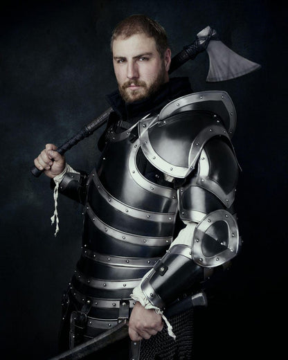 Front view of Medieval Knight Full Armor Set with cuirass, tassets, and pauldrons