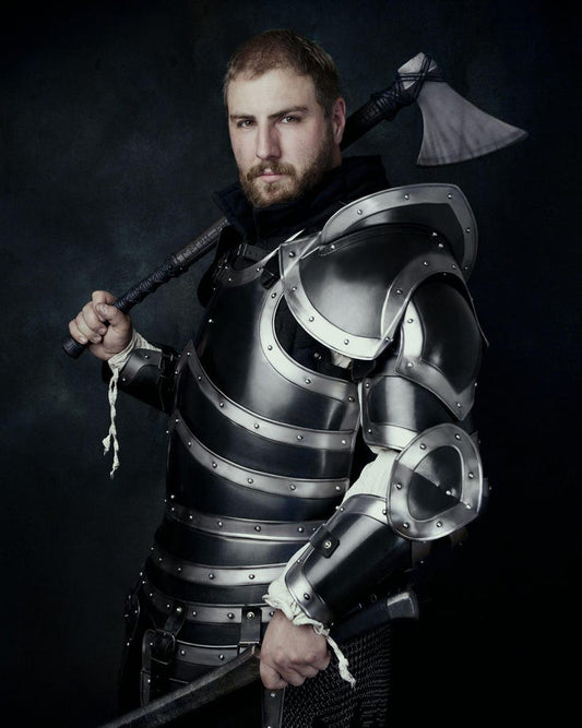 Front view of Medieval Knight Full Armor Set with cuirass, tassets, and pauldrons