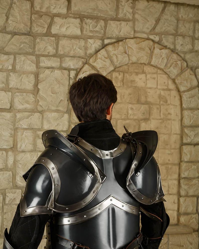 Medieval Knight Full Armor Set worn during live action role play with shield and bracers