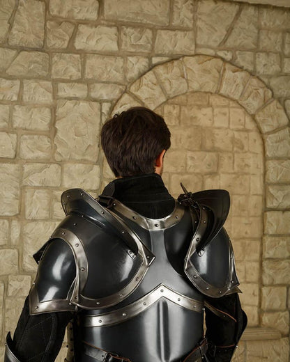 Medieval Knight Full Armor Set worn during live action role play with shield and bracers