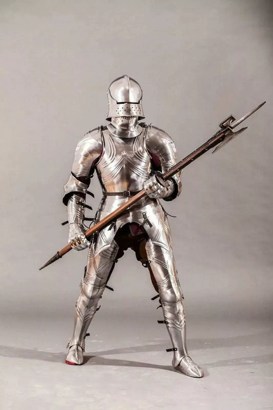 Full front view of Medieval Knight Crusader full body wearable armor suit on display stand.