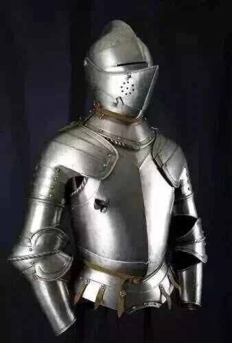 Front view of full-size medieval knight body armor suit made of 18-gauge steel, wearable and display-ready, handcrafted by Artisans Hub.


