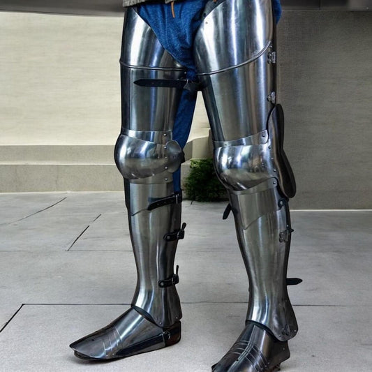 Medieval knight full leg armor with steel sabatons for LARP and cosplay