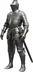 Full-body medieval knight suit of steel armor in grey, wearable handcrafted costume with helmet, chestplate, gauntlets, and greaves by Artisans Hub for cosplay and decor.

