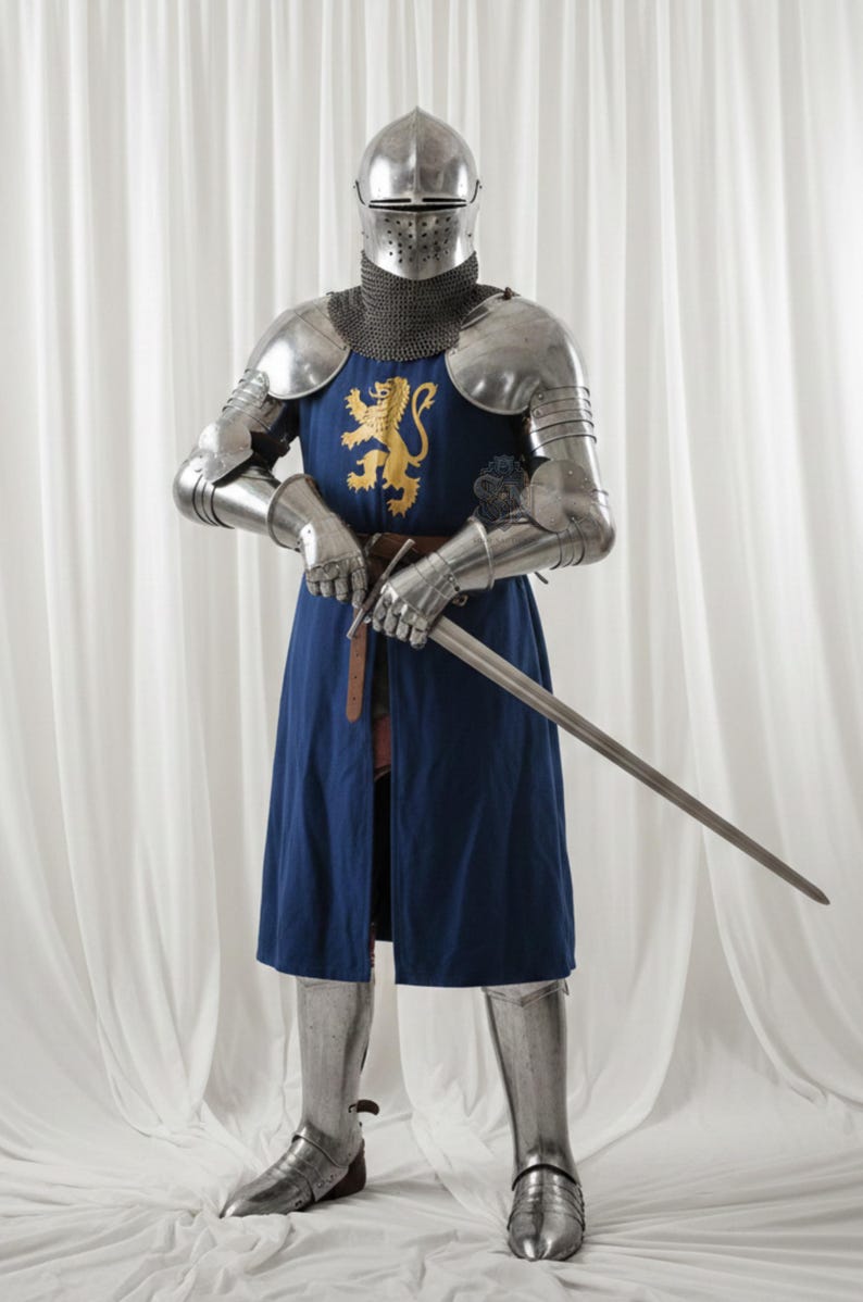 Buy Medieval Knight Full Suit of Armor with Lion Surcoat handmade steel crusader armor for reenactment and cosplay