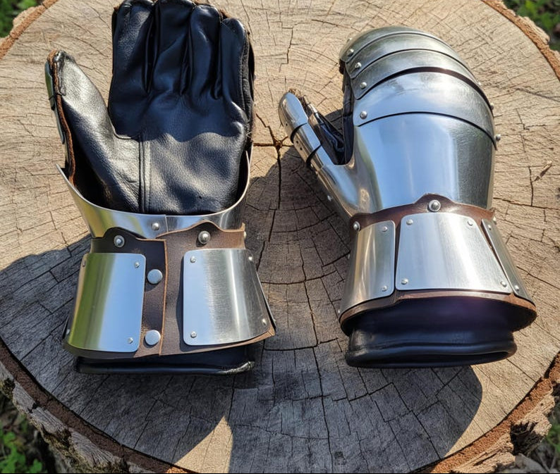 Medieval Knight Gauntlets handmade with polished steel finish for reenactment, cosplay, and collector display