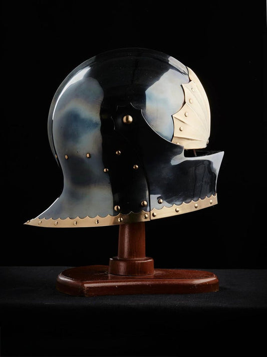 Front view of Medieval Knight German Sallet Helmet in 18 gauge steel