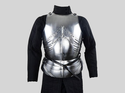 Medieval Knight Gothic Cuirass Armor front view with steel breastplate for LARP cosplay