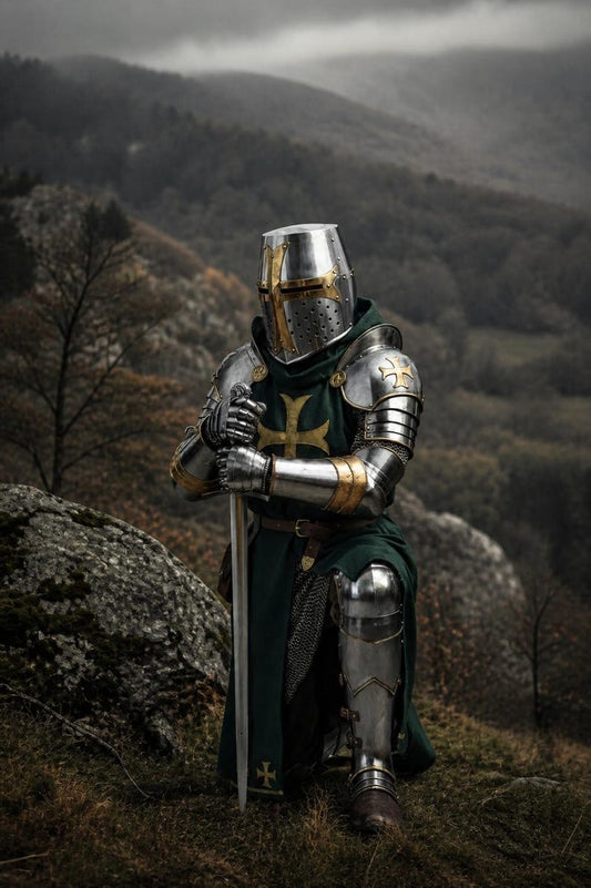 Medieval Knight Green Surcoat Crusader Armor with prominent gold cross emblem, hooded design, and authentic medieval warrior styling.