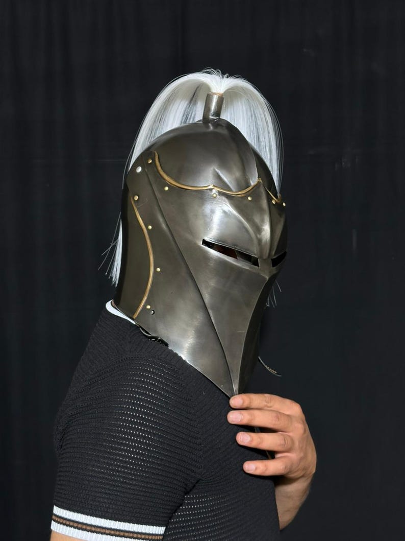 Medieval Knight Helmet with movable visored clasp system designed for historical reenactment and combat cosplay