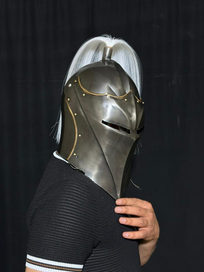 Medieval Knight Helmet with movable visored clasp system designed for historical reenactment and combat cosplay