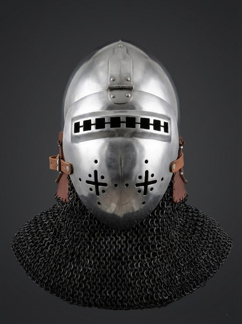 Medieval knight helmet replica for reenactment, LARP, cosplay, and display