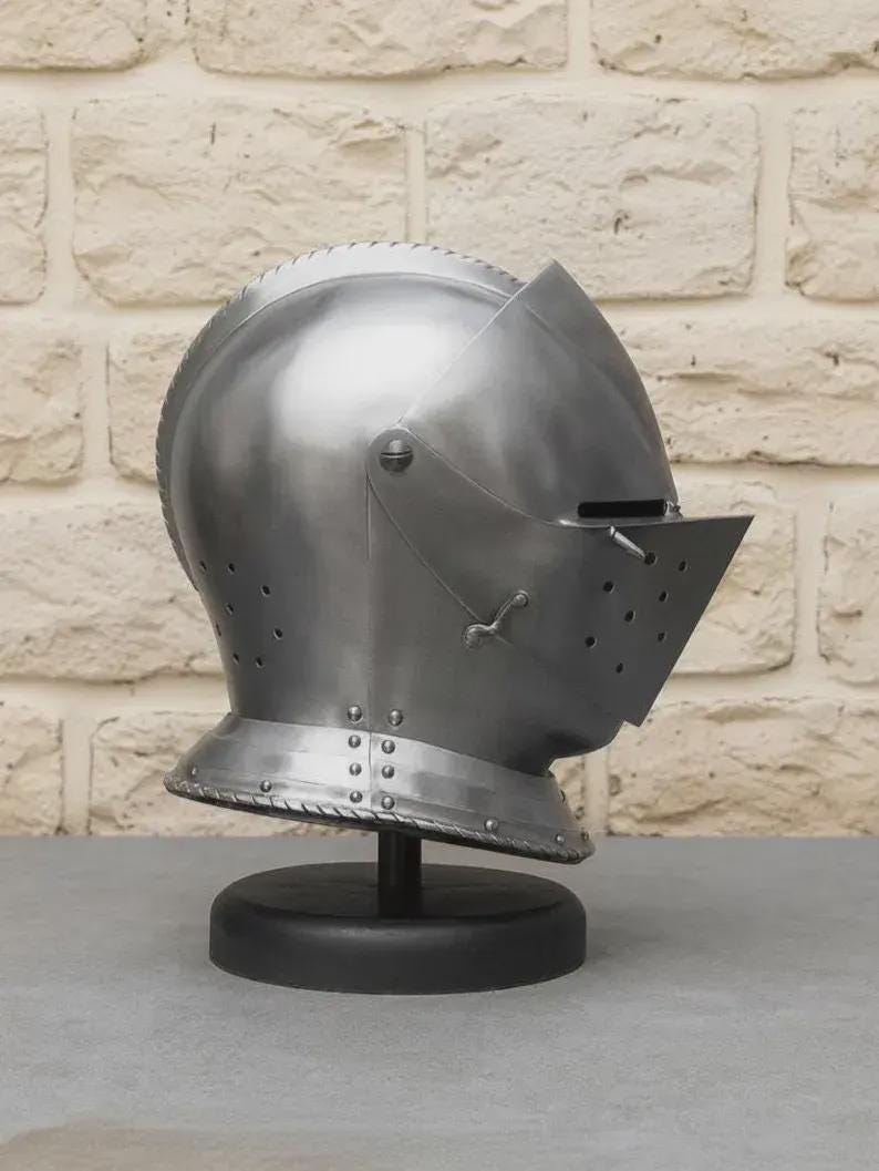 Medieval Gothic Knight Helmet worn at renaissance fair – handmade steel armor for costume and photography