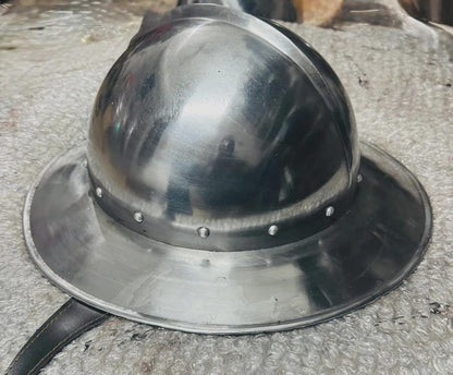Wearable knight helmet displayed as rustic medieval home decor and collector's armor