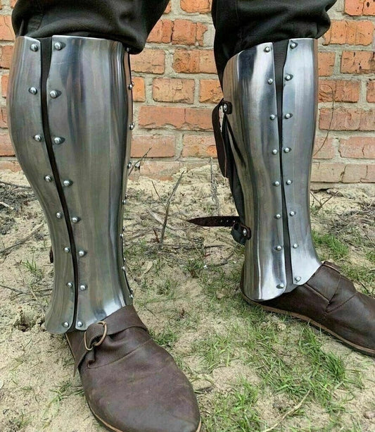 Medieval knight leg armor with functional steel greaves for LARP and cosplay use