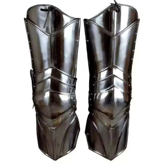 Front view of full steel medieval knight leg armor greaves set