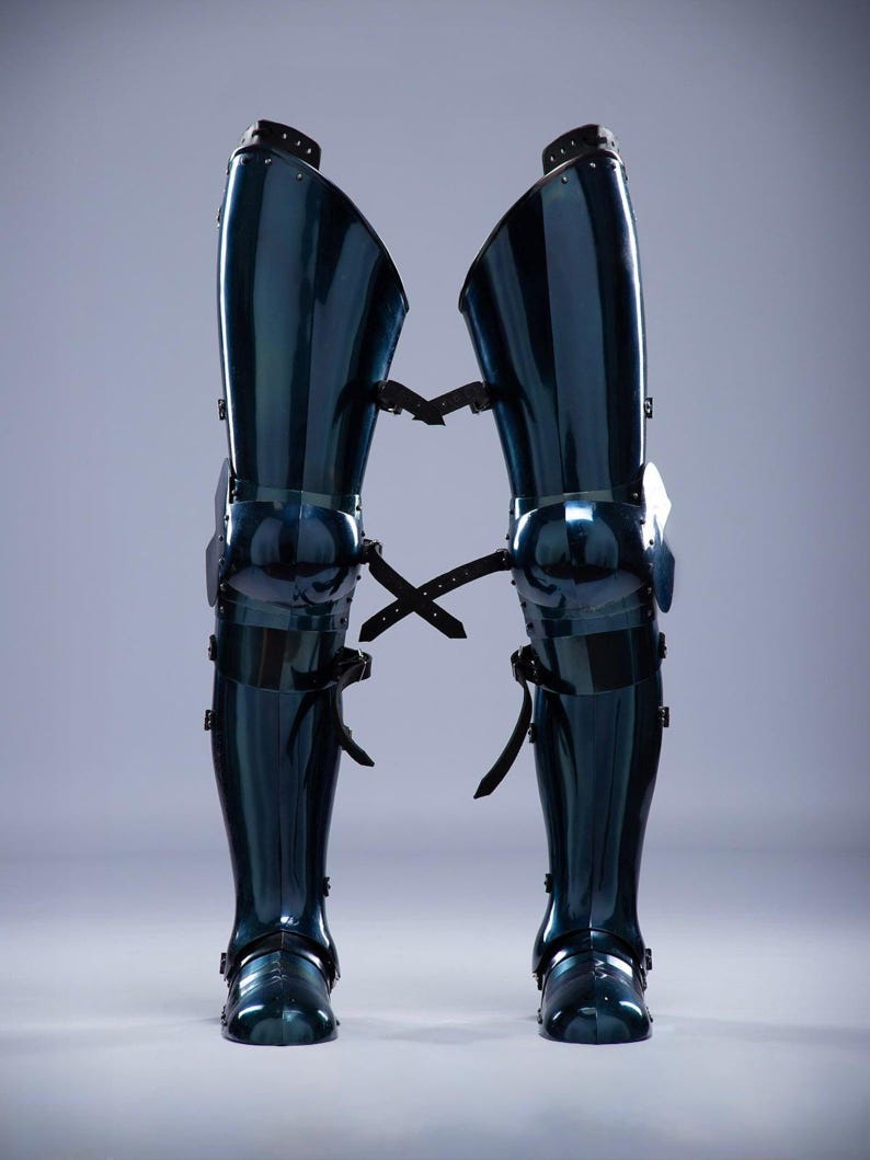 Medieval Knight leg greaves made of blued steel for cosplay and reenactments