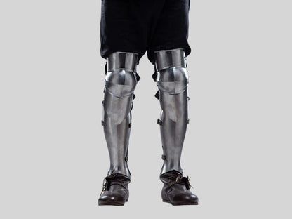 Medieval Knight Leg Greaves with Knee Caps in polished steel finish for LARP and cosplay