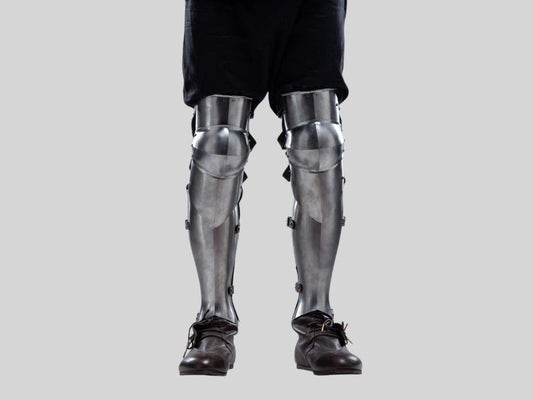 Medieval Knight Leg Greaves with Knee Caps in polished steel finish for LARP and cosplay