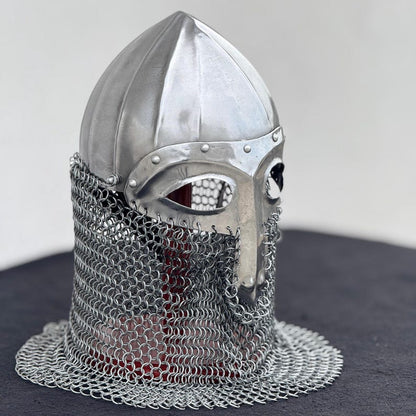 Medieval Knight Norse Viking helmet front view with nasal guard and polished steel finish