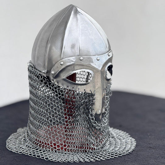 Medieval Knight Norse Viking helmet front view with nasal guard and polished steel finish