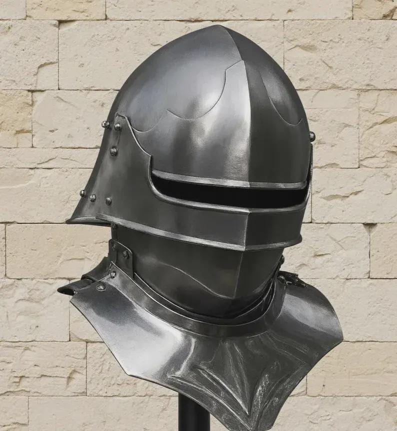 Medieval Knight Sallet Helmet With Gorget full steel armor front view