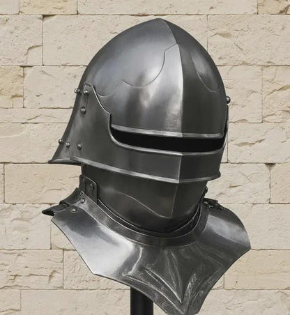 Medieval Knight Sallet Helmet With Gorget full steel armor front view