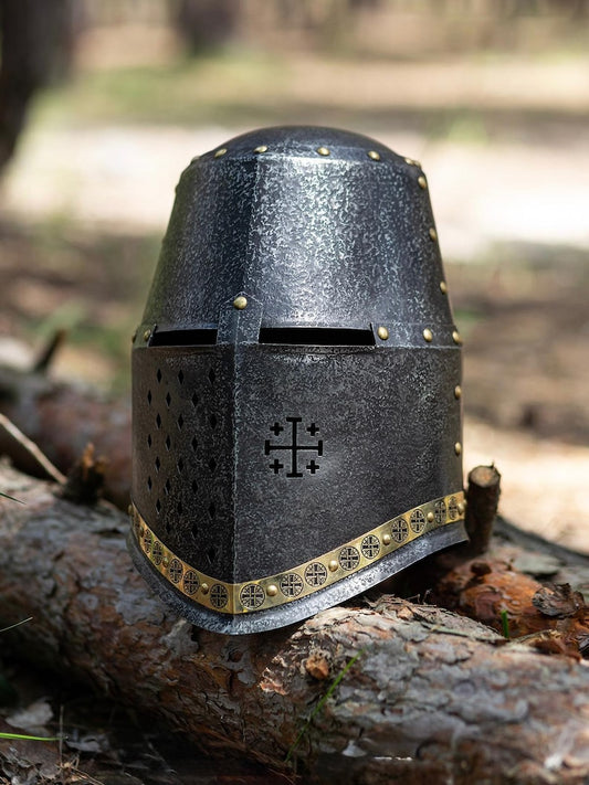 Front view of Medieval Knight Steel Great Helmet with polished finish