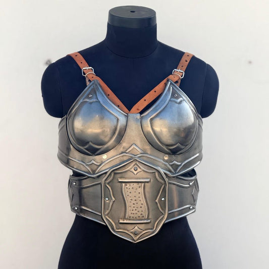 Front view of medieval knight steel lady armor with female knight cuirass and steel belt