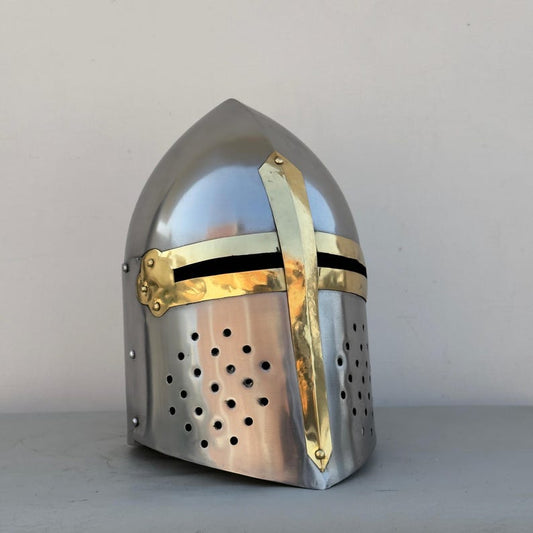 Front view of Medieval Knight Sugarloaf Helmet - Handmade Templar Helmet for LARP and Cosplay
