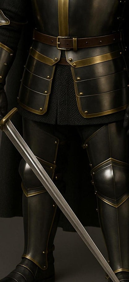 Full set of Medieval Templar Armor Suit for men including gorget, pauldrons, bracers, and greaves for LARP and roleplay