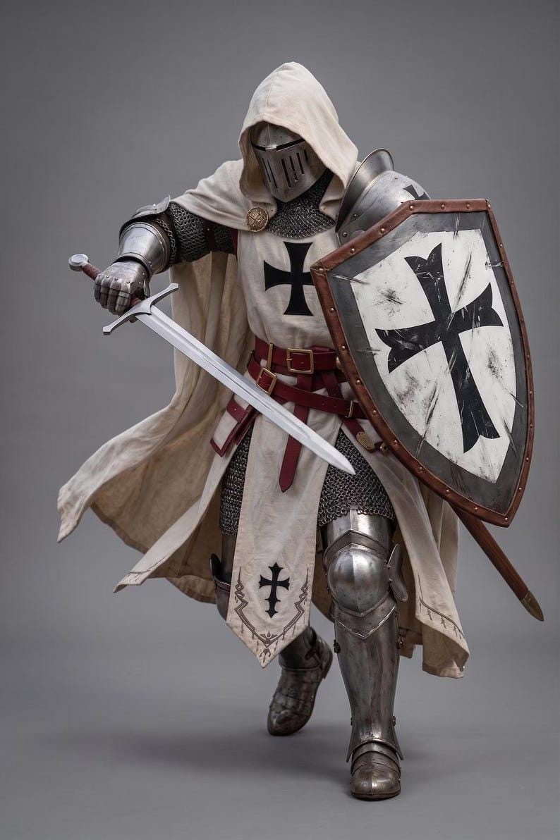 Medieval Knight Templar Full Suit of Armor with Shield featuring handcrafted steel Crusader armor front view