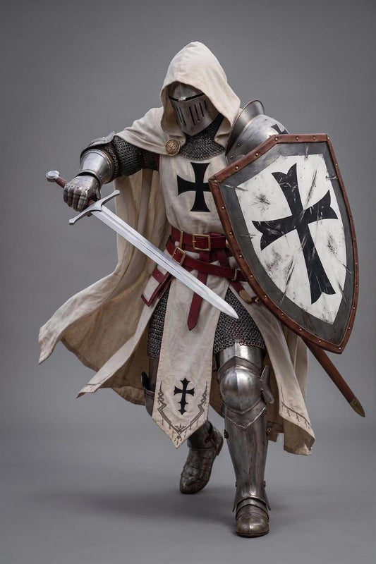 Medieval Knight Templar Full Suit of Armor with Shield featuring handcrafted steel Crusader armor front view