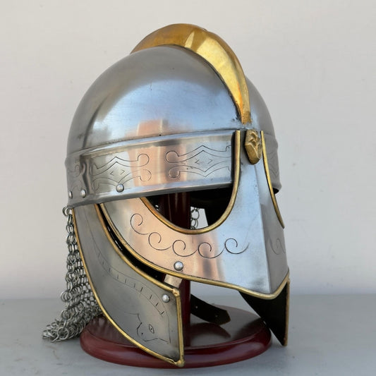 Front view of Medieval Knight Viking Chainmail Wolf Helmet with Norse wolf design
