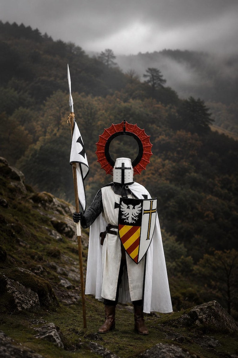 Medieval Knight White Templar Armor with red wings helmet and white cloak with black cross for LARP cosplay and medieval reenactment costume