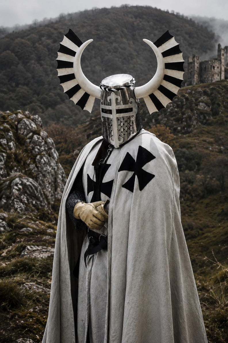 Medieval Knight White Templar Armor with winged helmet and white cloak featuring black cross for LARP cosplay and historical reenactment