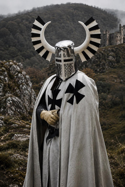 Medieval Knight White Templar Armor with winged helmet and white cloak featuring black cross for LARP cosplay and historical reenactment