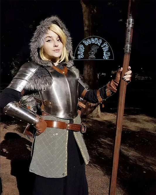 Front view of a polished steel medieval lady full body armor suit with elegant feminine detailing, perfect for LARP and cosplay.

