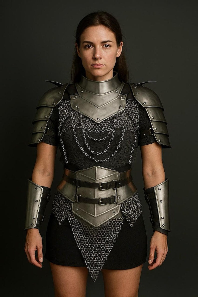 Medieval Lady Knight Armor Set for Women featuring steel pauldrons, chainmail skirt, and bracers for cosplay and LARP