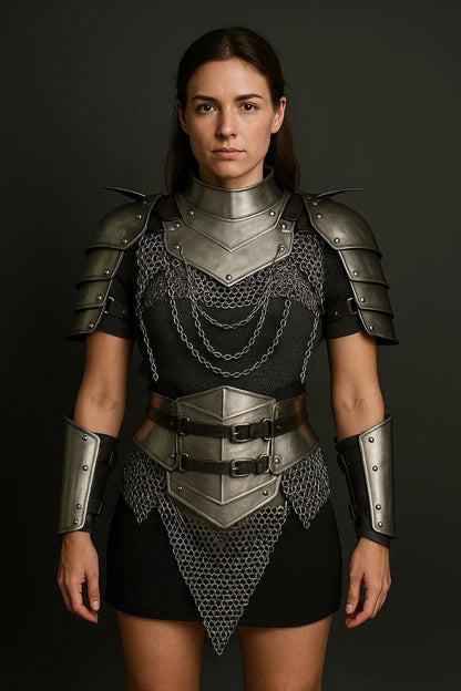 Medieval Lady Knight Armor Set for Women featuring steel pauldrons, chainmail skirt, and bracers for cosplay and LARP