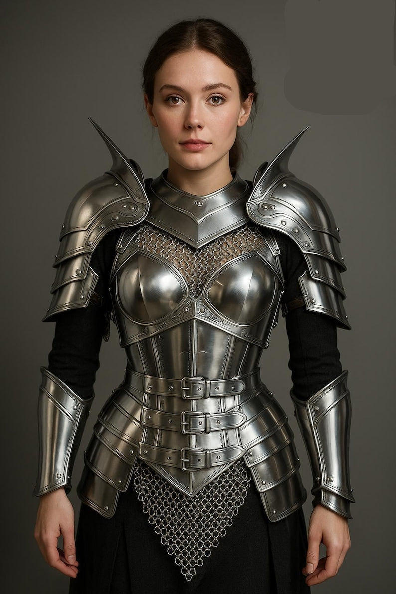 Medieval Lady Knight Polished Steel Queen Of The War Half Body Armor Suit with lady cuirass and bracers for LARP and cosplay