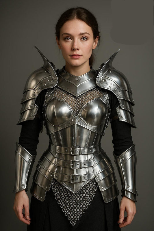 Medieval Lady Knight Polished Steel Queen Of The War Half Body Armor Suit with lady cuirass and bracers for LARP and cosplay